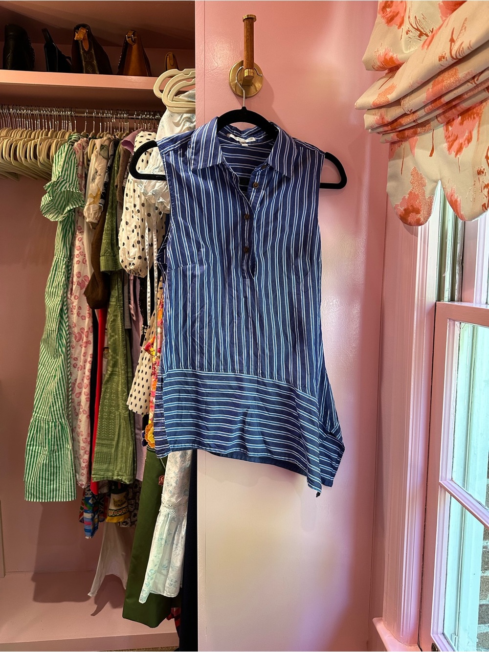 Derek Lam Navy and White Striped Sleeveless Collared Tunic